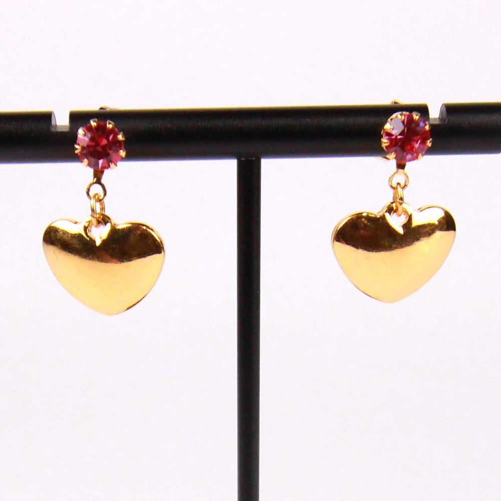 Vintage Avon 1995 Gold Tone and Pink Rhinestone Heart Earrings - Picture 2 of 5